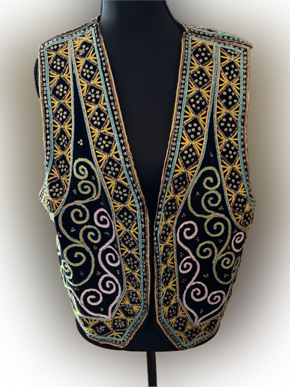 Vintage 90s Carol Horn Workshop Embroidered Vest Black Cotton Boho Art to Wear